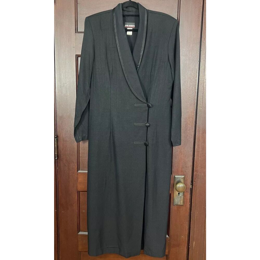 VTG John Robert’s Double Breasted Shirt Dress Women's 12 Black Satin Trim Career
